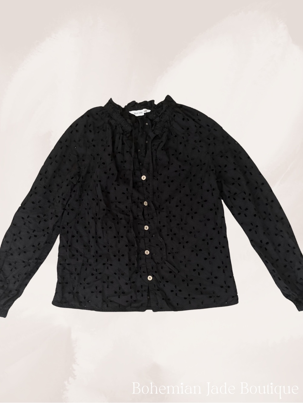 Nine West Ruffle Collar Eyelet Blouse Women’s XS Black Long Sleeve Button Front - Picture 2 of 7